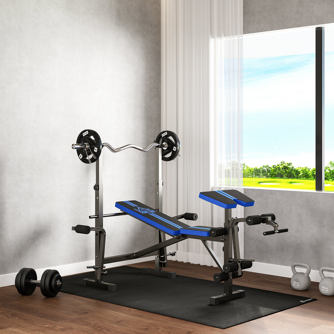 Panca Multiuso con Supporto Bilanciere e Schienale Regolabile, in Acciaio e Plastica, 175x139x127 cm, Nero e Blu