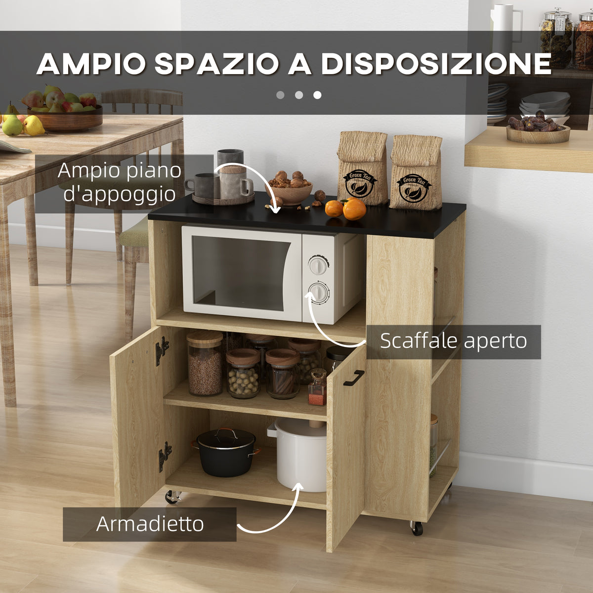 Carrello da Cucina in Truciolato con Ripiano Aperto, Armadietto a 2 Ante e Scaffale Laterale, 75x40x80.5 cm