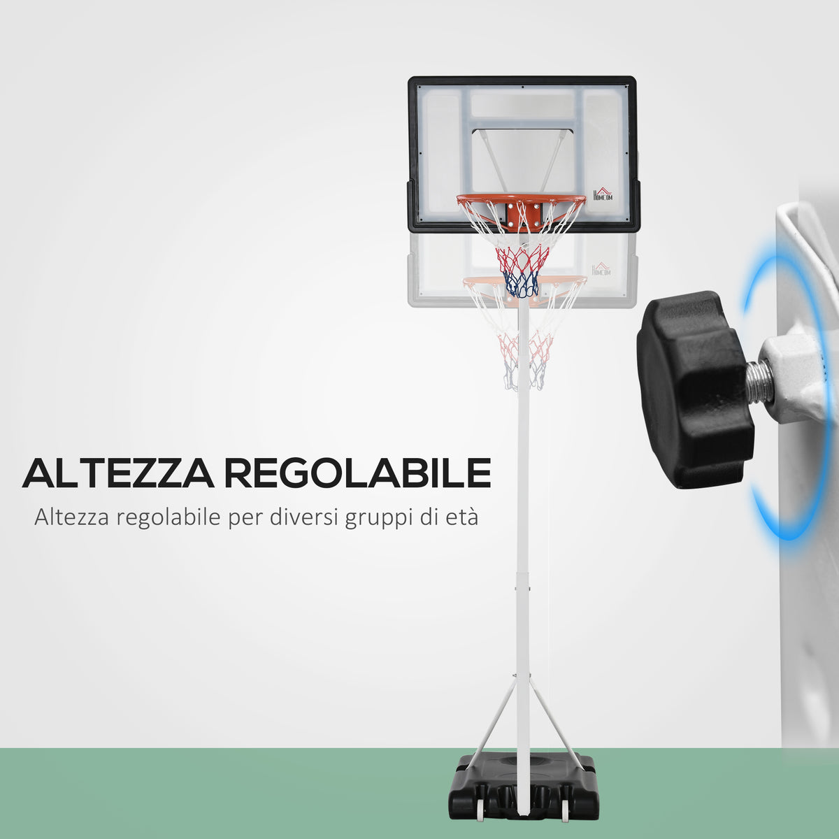 Canestro Basket per Adulti con Tabellone in PVC Regolabile 210-260cm Ruote Integrate Bianco