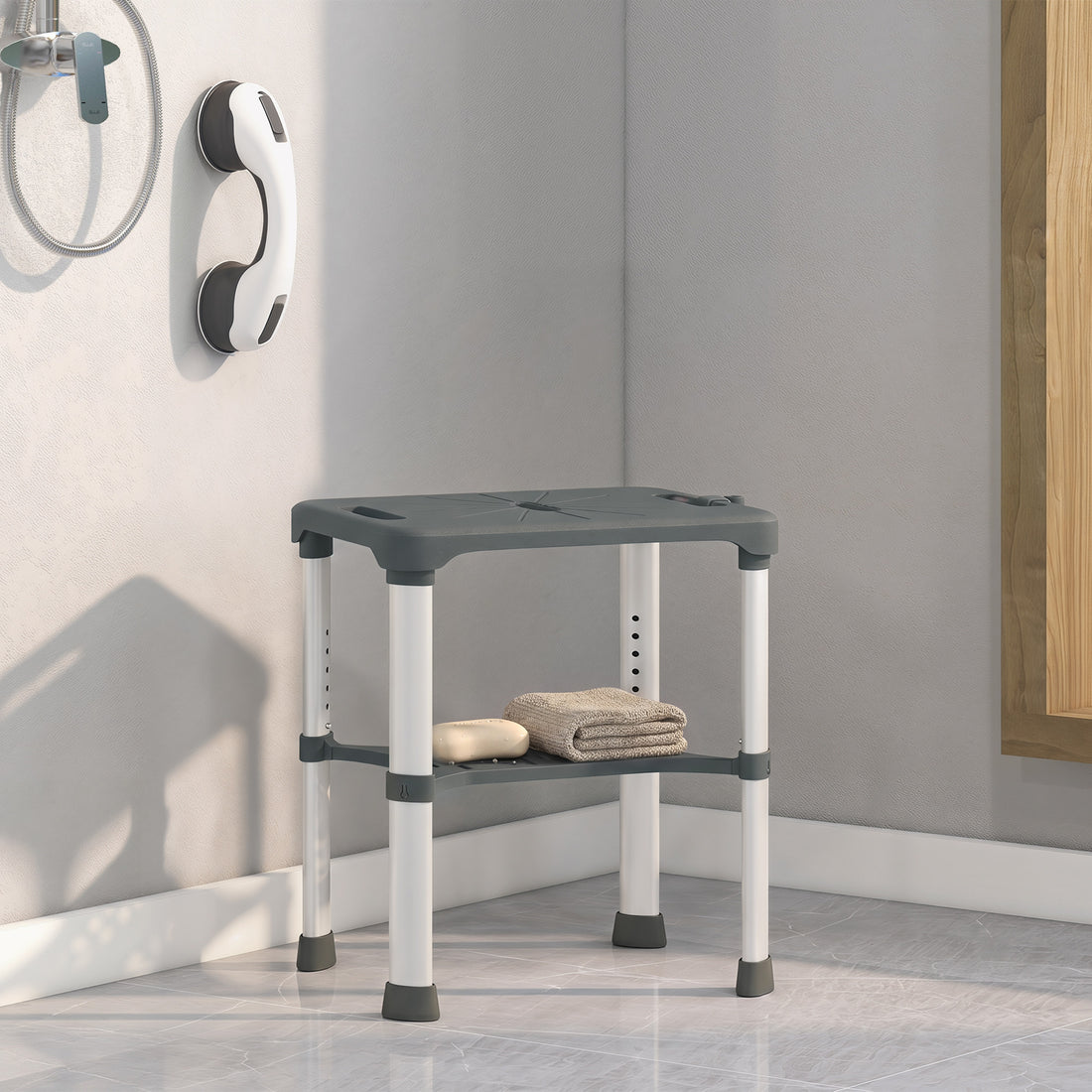 Sgabello per Doccia in Alluminio con Mensola Integrato, Altezza Regolabile 5 Livelli, Portata 150kg, Grigio