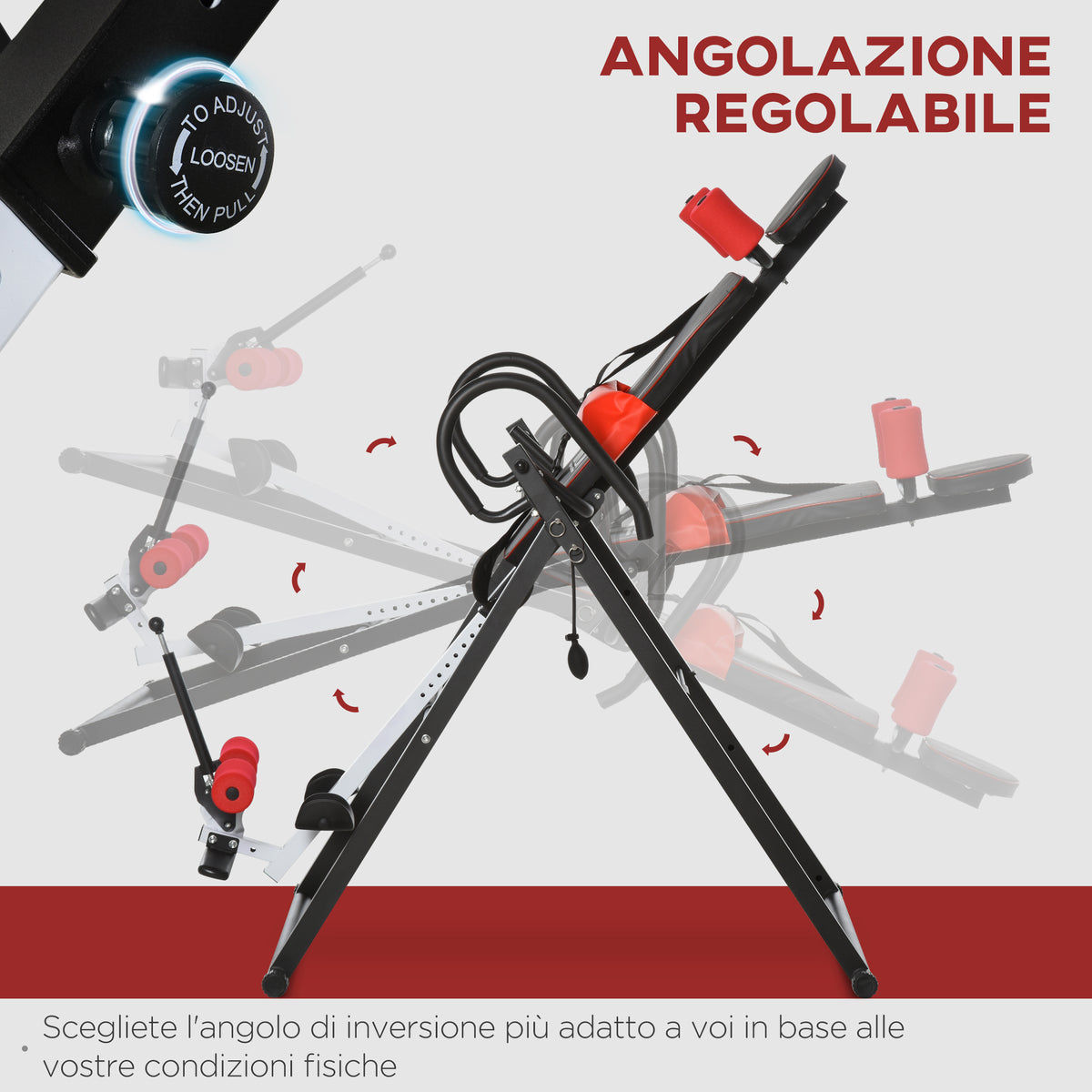 Panca a Inversione con Angolo e Altezza Regolabile e Poggiatesta, in Acciaio e Plastica, 79x114x153 cm, Rosso e Nero