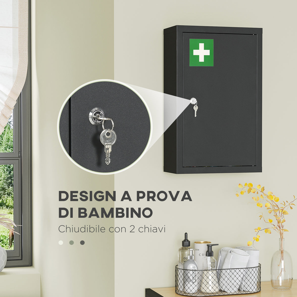 Armadietto Medicinali con 3 Mensole e Blocco con Chiavi in Acciaio, 30x14x46cm, Nero