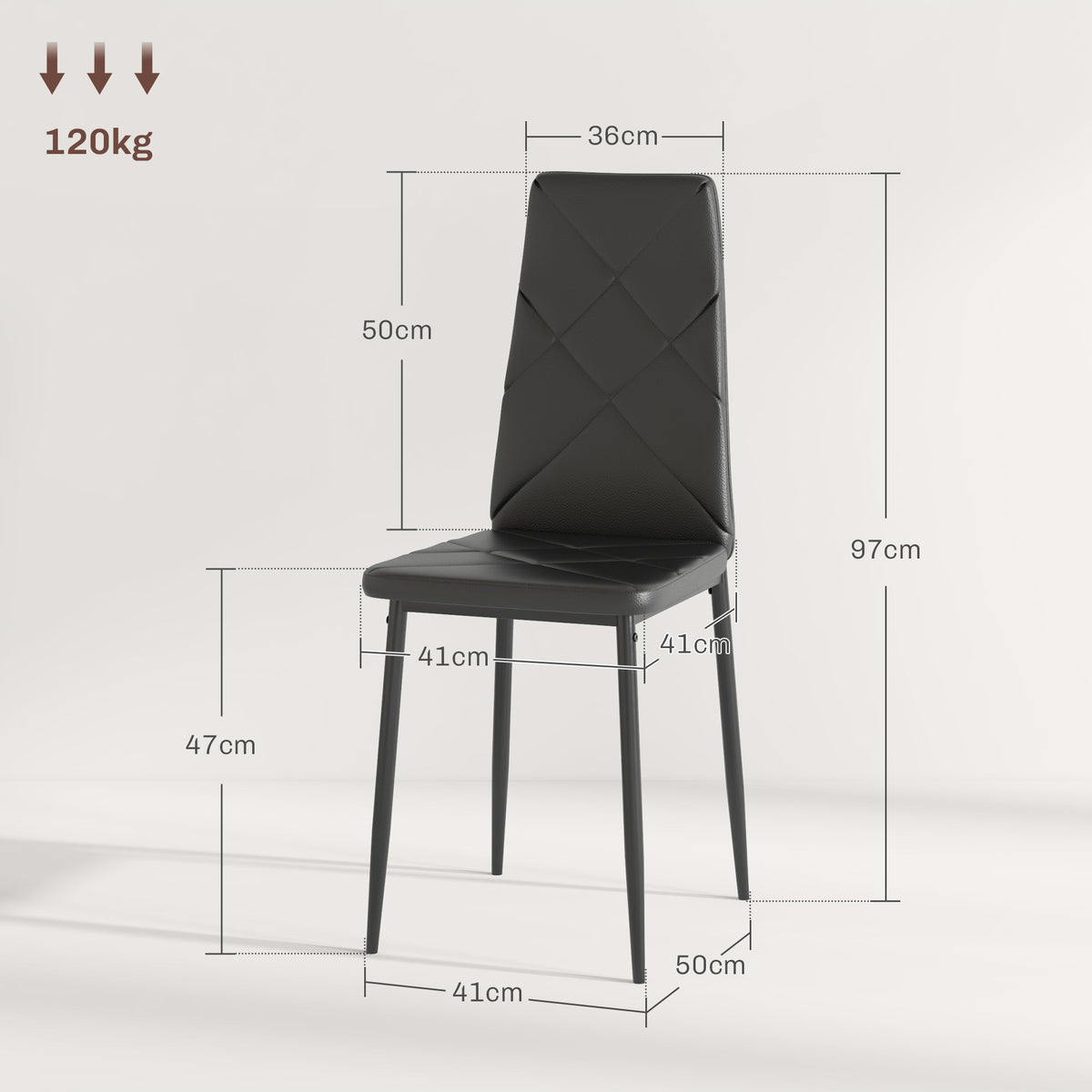 Set di 2 Sedie Moderne imbottite da Pranzo con Schienale Alto in Finta Pelle e Acciaio,rivestimento a polvere, 41x50x97 cm, Nero