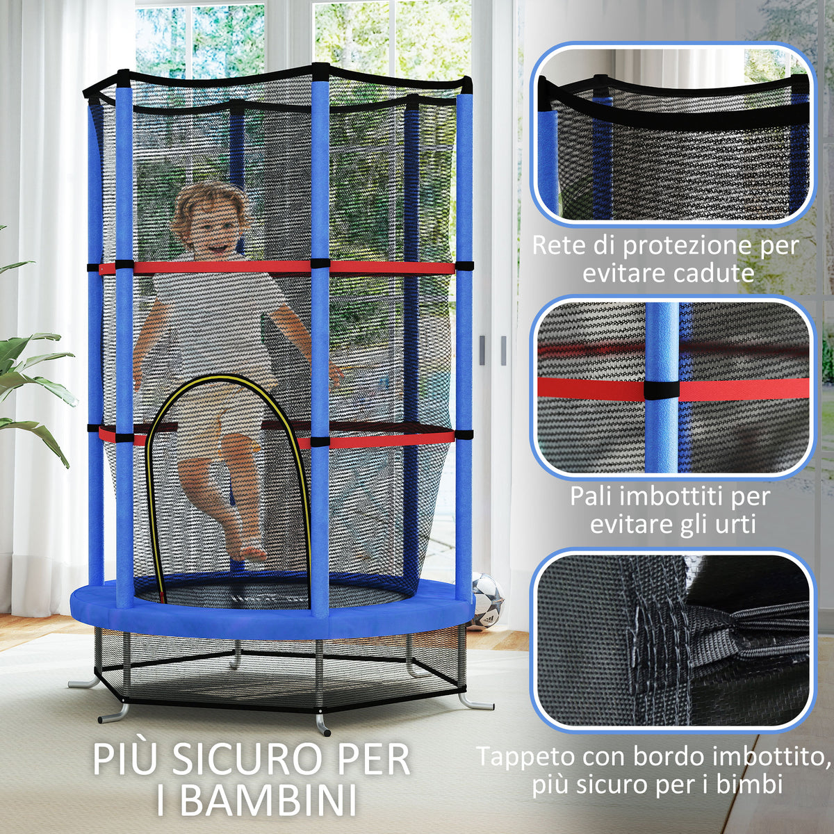 Tappeto Elastico per Bambini 3-6 Anni con Rete di Protezione, 6 Colonne e 3 Ingressi, 140x190 cm, Blu e Nero