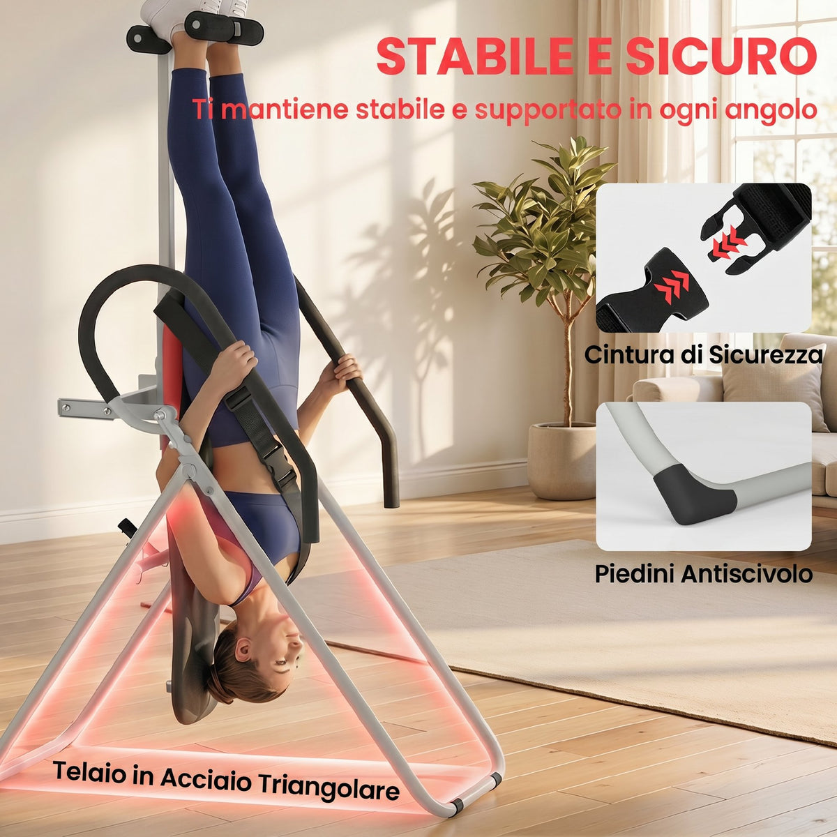 Panca ad Inversione Pieghevole e Regolabile con Cintura di Sicurezza, in Acciaio,122x59x130 cm, Rosso e Nero
