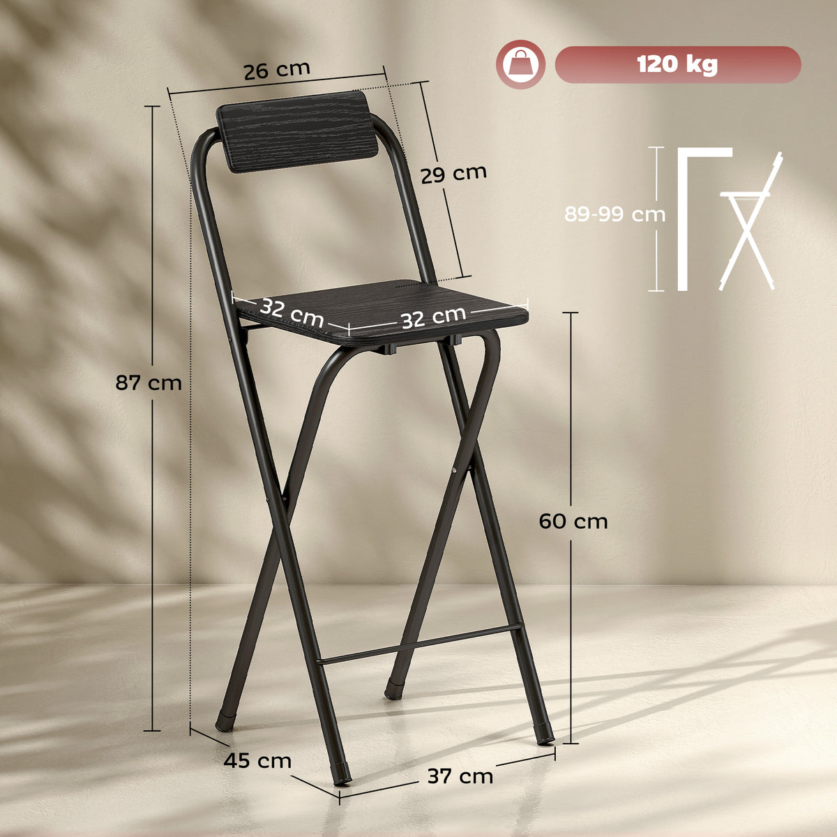 Set 2 Sgabelli da Bar Pieghevoli con Poggiapiedi, in Legno e Acciaio, 37x45x87 cm, Nero