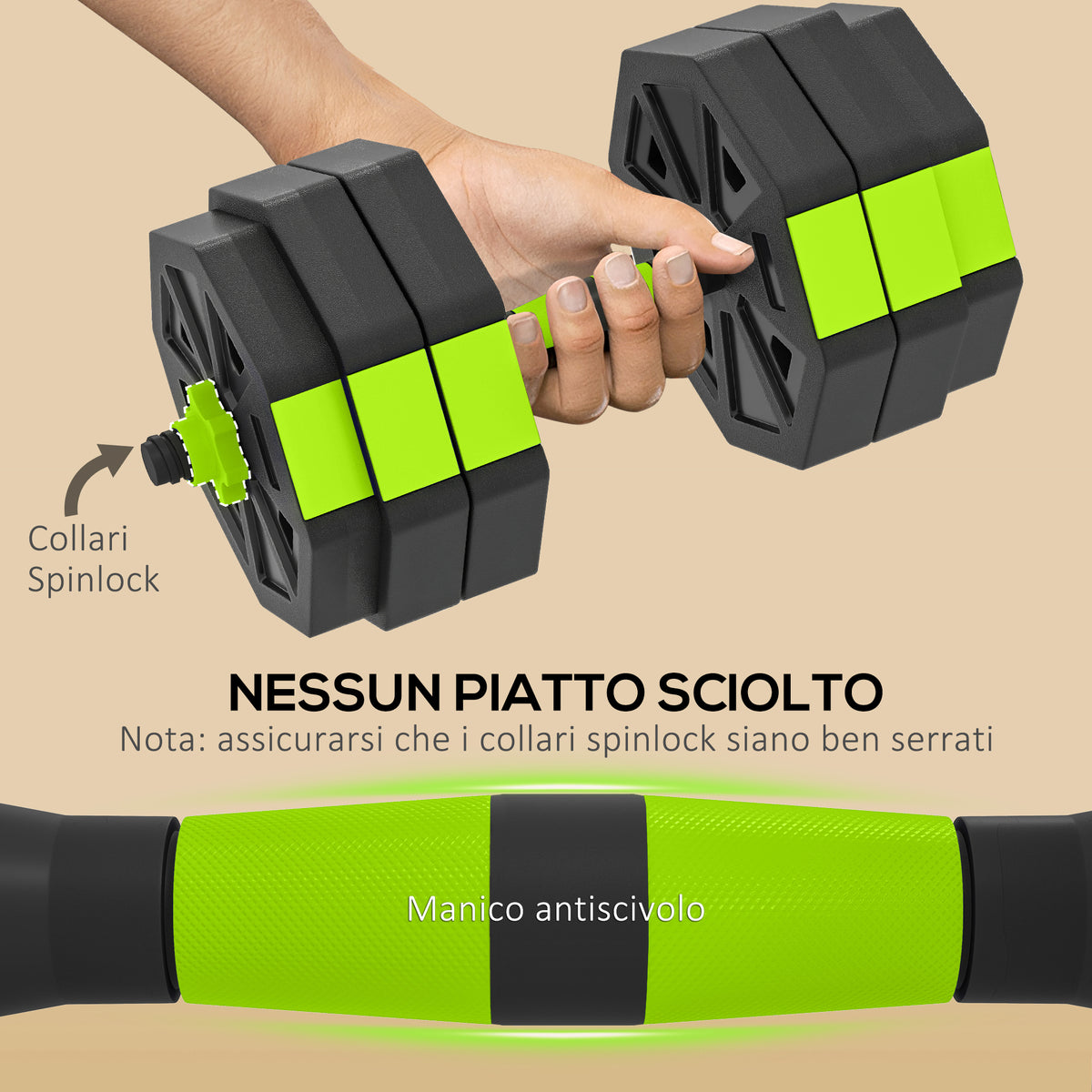 Set Pesi Palestra 6 in 1 Multifunzione da 25kg Totali in Plastica e Sabbia, 125x18x18 cm, Verde