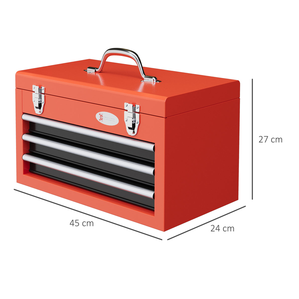 Cassetta Porta Attrezzi con 3 Cassetti e Vano Superiore in Acciaio con Maniglia, 45x24x27cm, Rosso