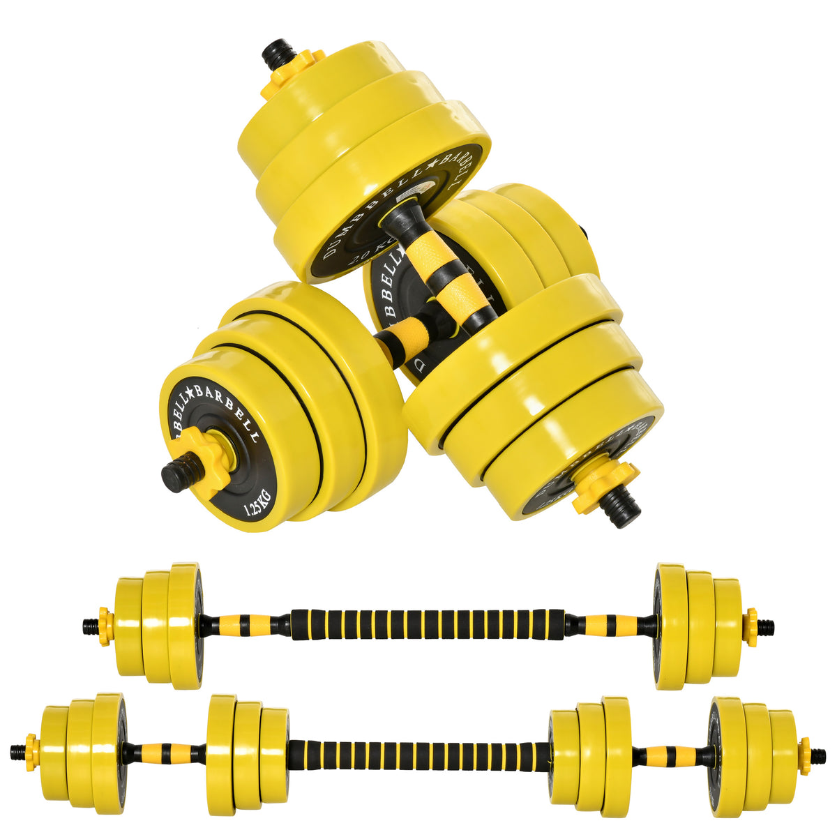 Set Manubri Regolabili 2 in 1 con Barra Bilanciere, Pesi Manubri Pesi con 12 Dischi per Allenamento Casa/Palestra, Nero e Giallo