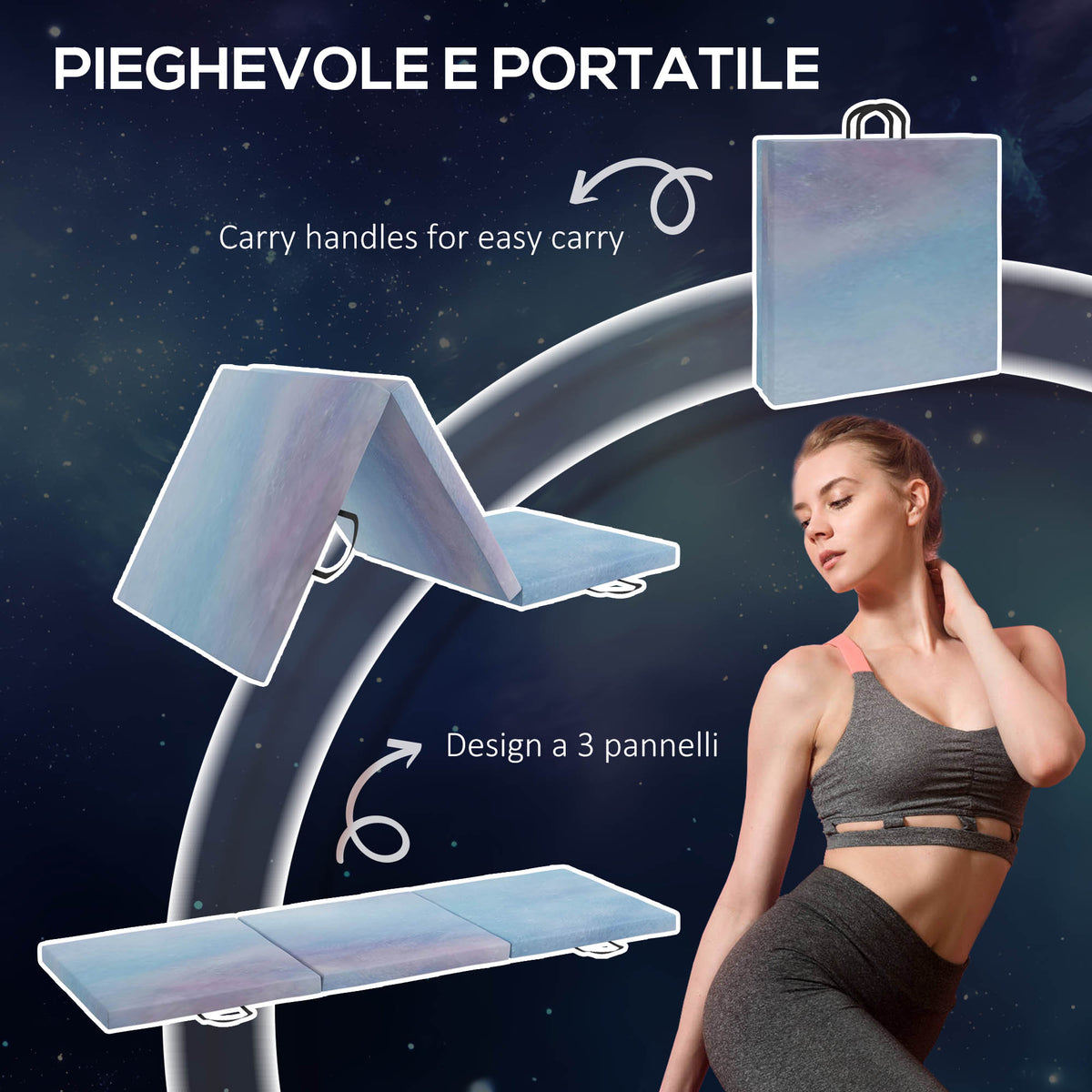Tappetino da Ginnastica 180 cm Pieghevole, Crash Mat Spesso 5 cm con Maniglie per Allenamento a Casa, Azzurro