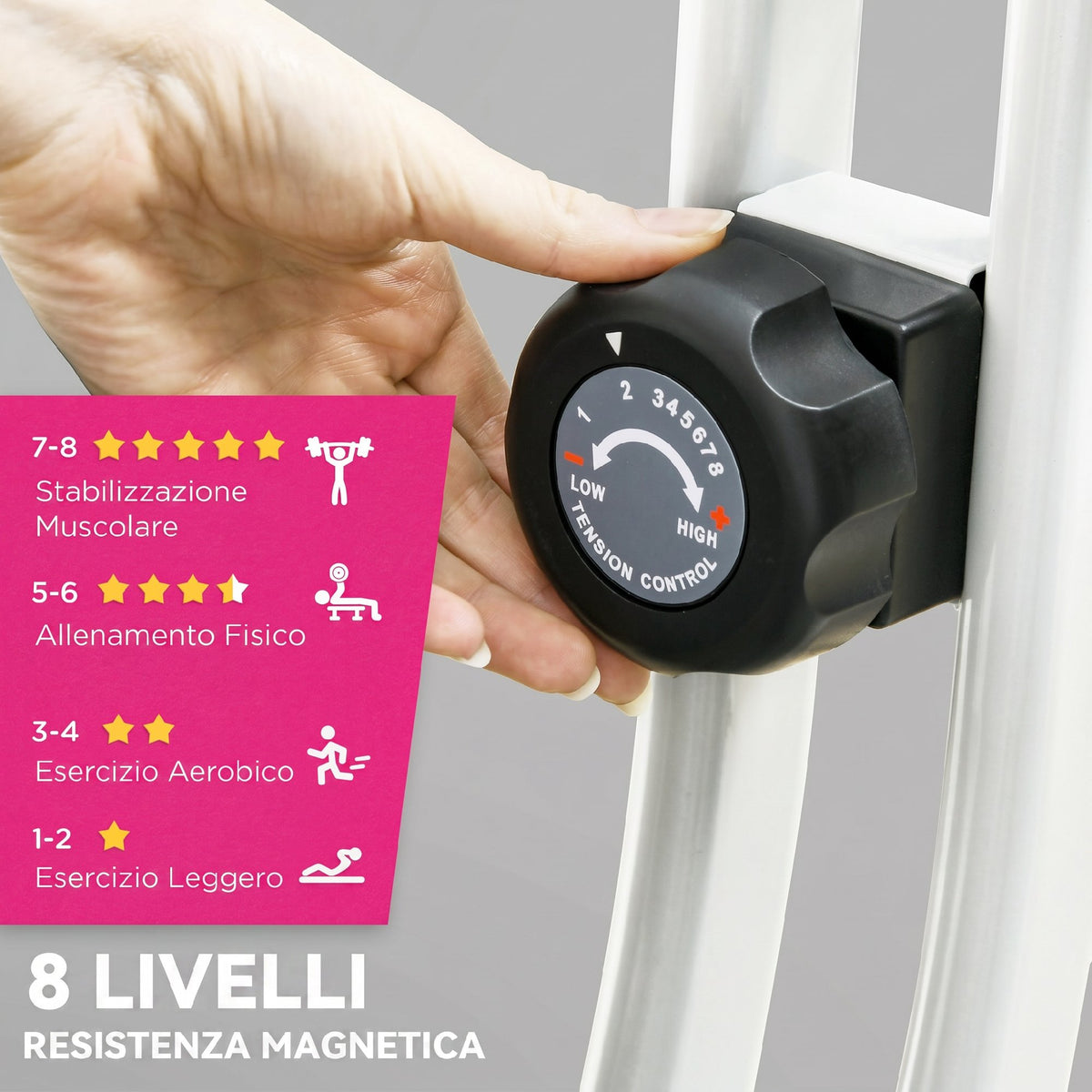 Cyclette Pieghevole Magnetica a 8 Livelli con Display LCD, Rotelle e Sellino Regolabile, Rosa e Bianco