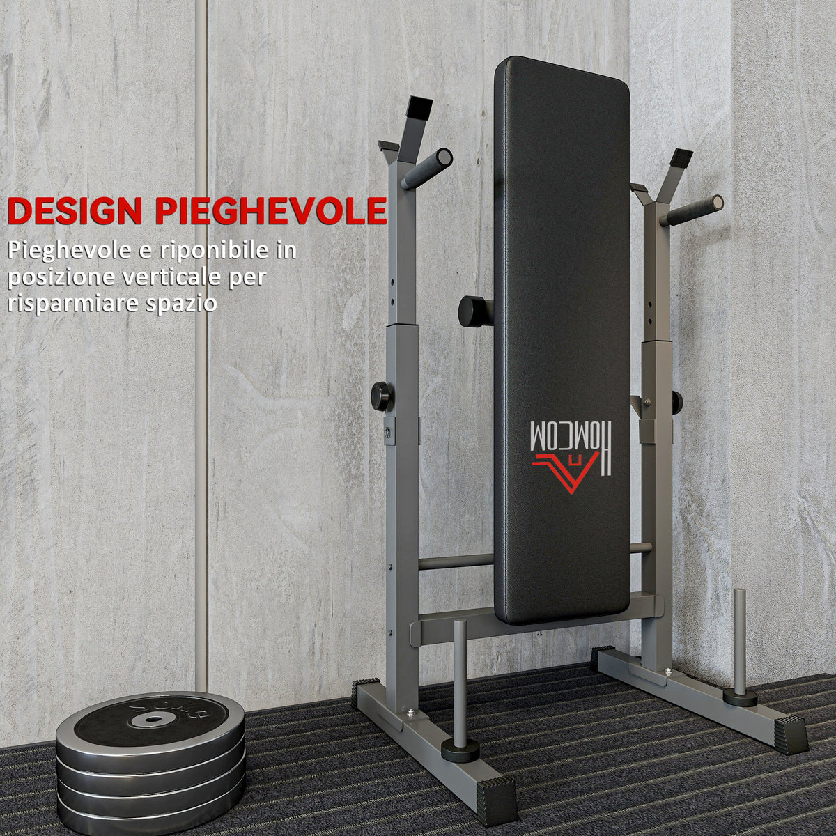 Panca Pesi Pieghevole con 8 Altezze Regolabili e Supporto Bilanciere in Acciaio e PU, 140x73x98-122 cm, Grigio