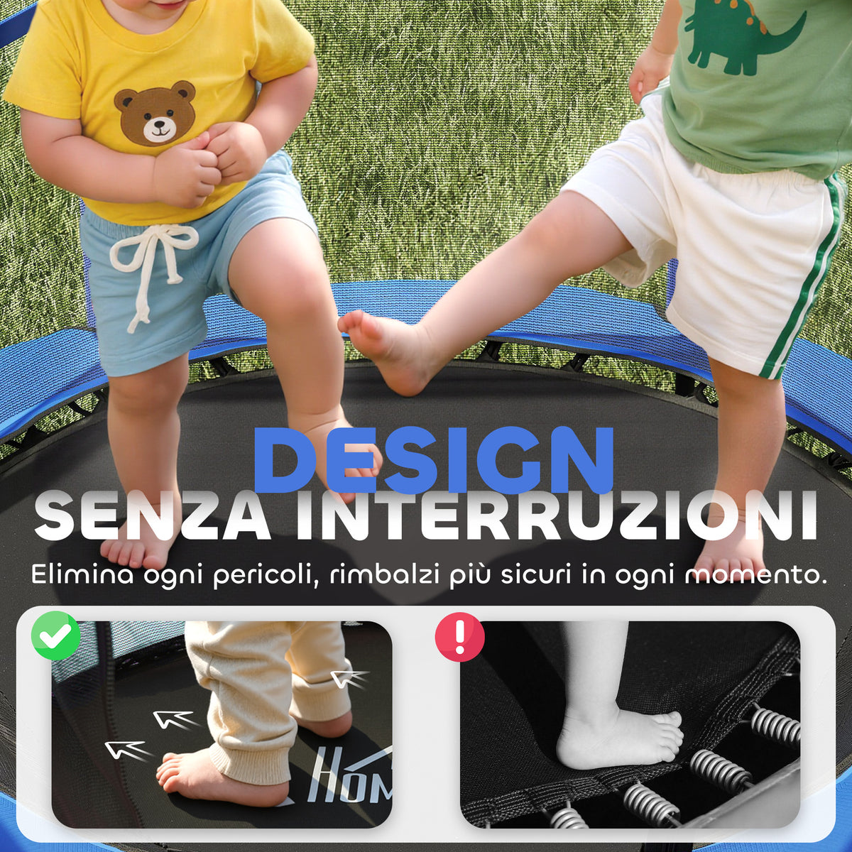 Tappeto Elastico per Bambini con Rete di Sicurezza e Pali Imbottiti Età 3-10 Anni, 140 x 190 cm, Blu