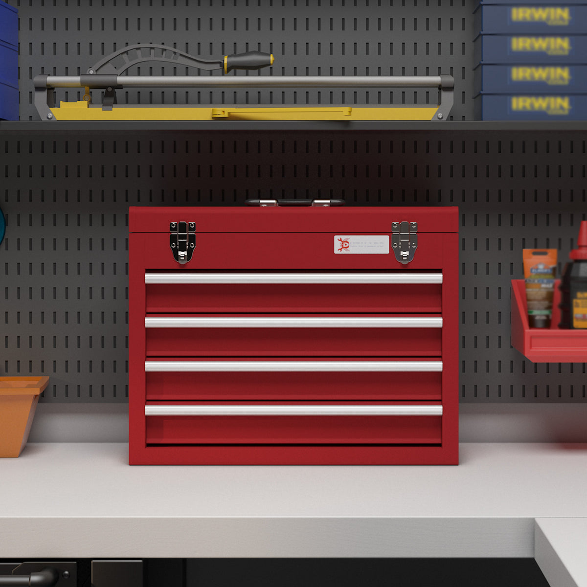 Cassetta Porta Attrezzi in Acciaio con 4 Cassetti, Vassoio Superiore a Doppia Serratura, 51x22x39.5 cm, Rosso