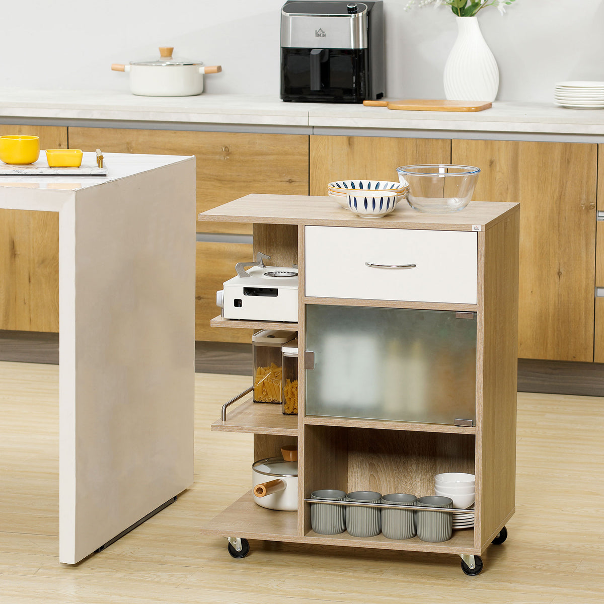 Carrello da Cucina Portavivande con Cassetto, Ripiani e Armadietto in Legno, Acciaio e Vetro, 65x39x80cm