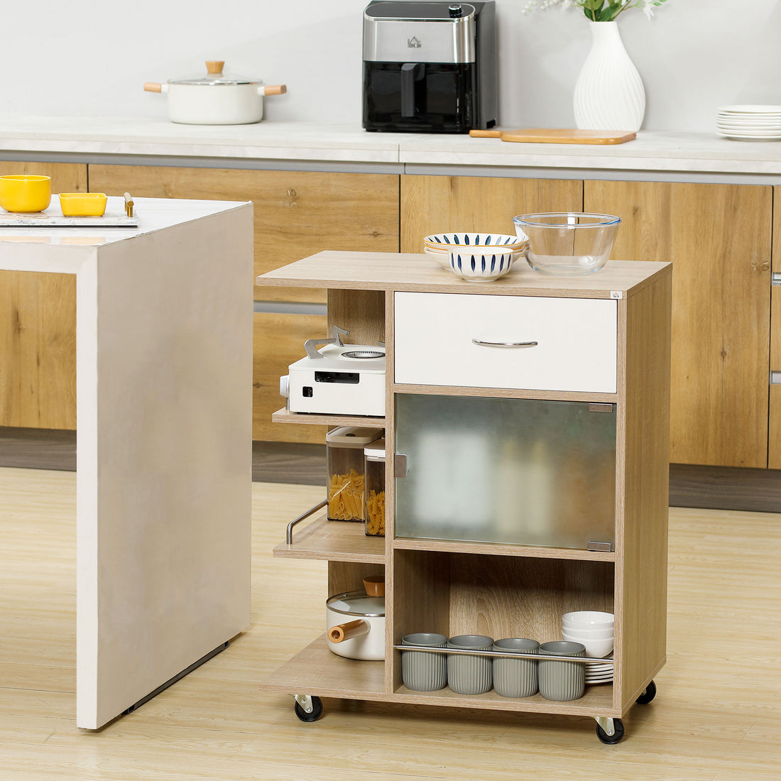 Carrello da Cucina Portavivande con Cassetto, Ripiani e Armadietto in Legno, Acciaio e Vetro, 65x39x80cm