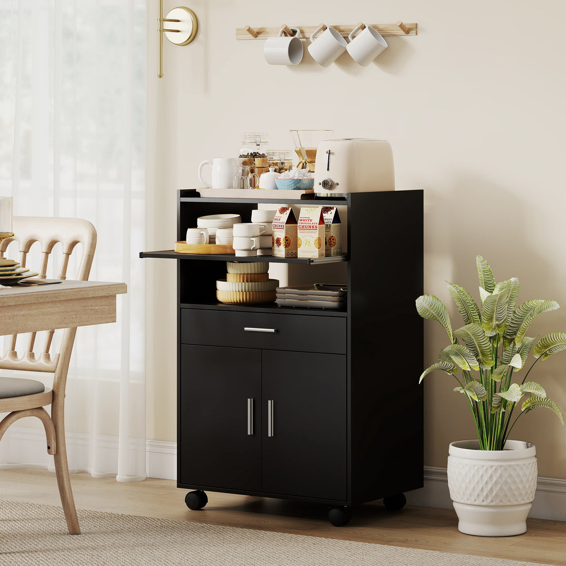 Mobile Microonde in Legno con Cassetto, Armadietto a 2 Ante e 2 Ripiani, 59x40x92 cm, Nero