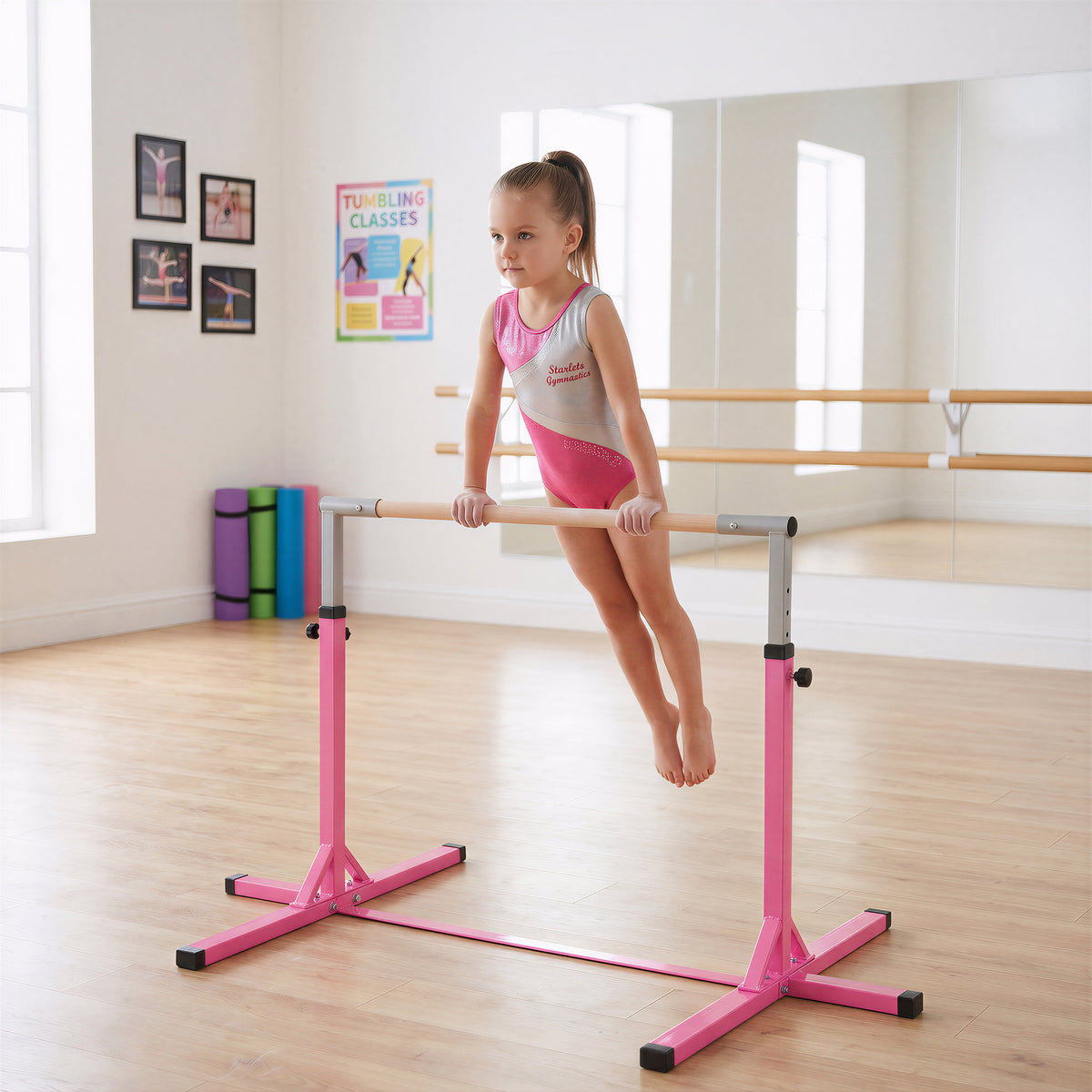 Barra da Ginnastica Artistica per Bambini 3+ Anni con Altezza Regolabile 92-150 cm, in Acciaio e Legno Massello di Faggio, Sbarra Orizzontali Danza Attrezzatura Palestra Antiscivolo, Rosa
