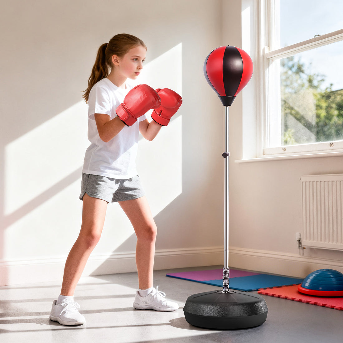 Set Punching Ball da Terra per Adolescenti con Guantoni e Pompa, Altezza Regolabile da 126-144 cm