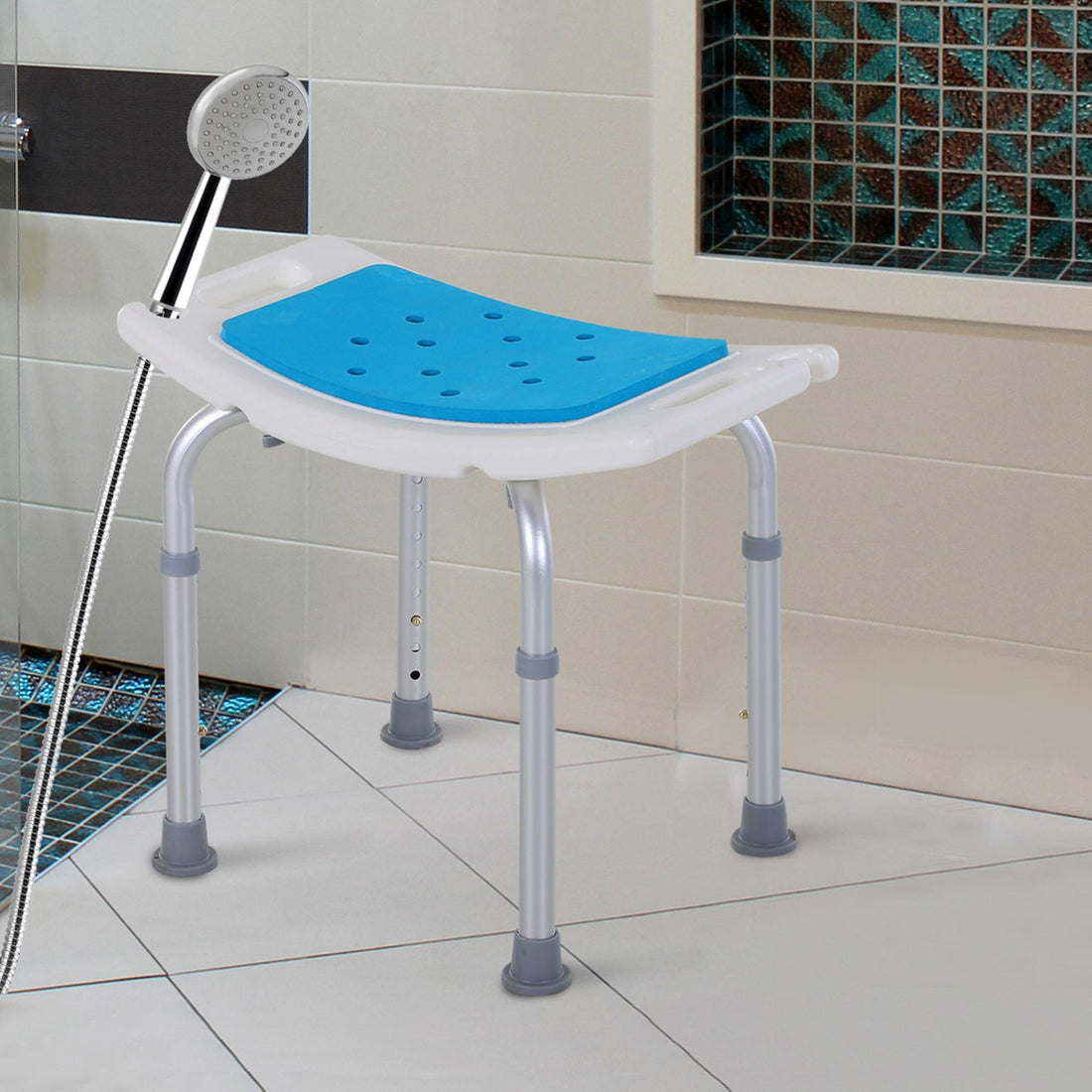 Sgabello per Doccia da Bagno in Lega di Alluminio e Plastica Antiscivolo, Sgabello Bagno con Altezza Regolabile 6 Livelli 39-52cm, Blu