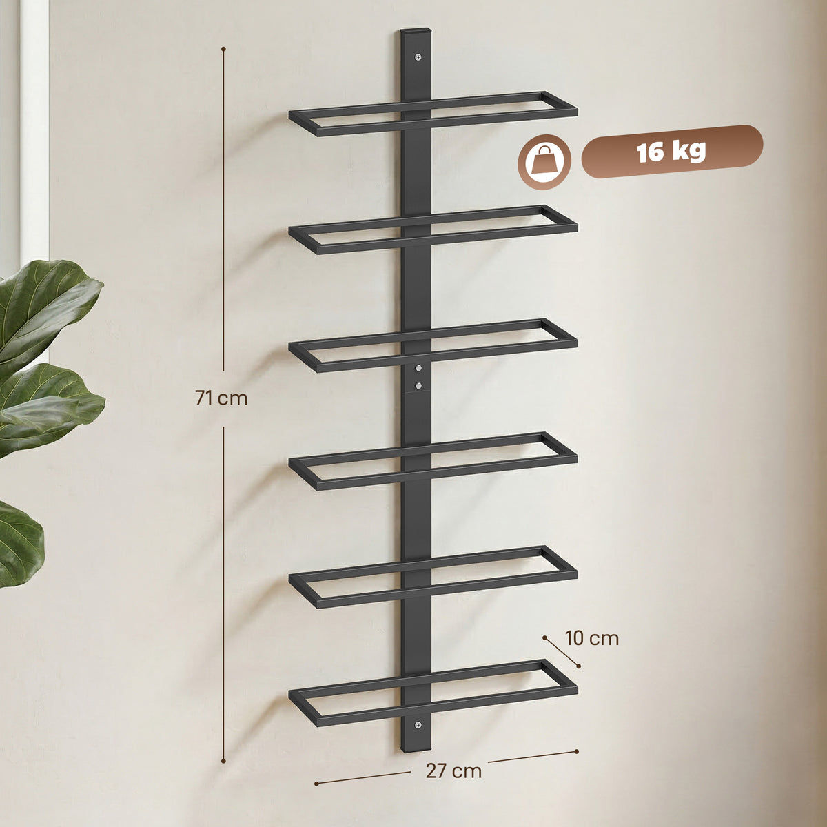 Portabottiglie da Parete in Acciaio per 6 Bottiglie di Vino, Cucina e Sala, 27x10x71 cm, Nero