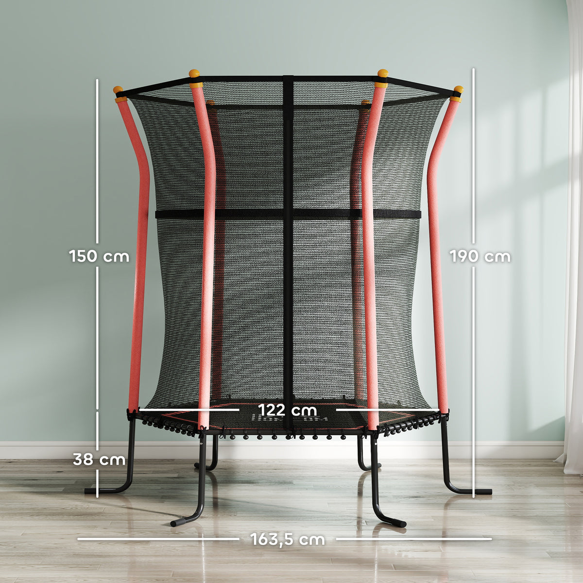 Tappeto Elastico per Bambini con Ingresso a Cerniera e Pali Imbottiti, 122x111x190 cm, Rosso