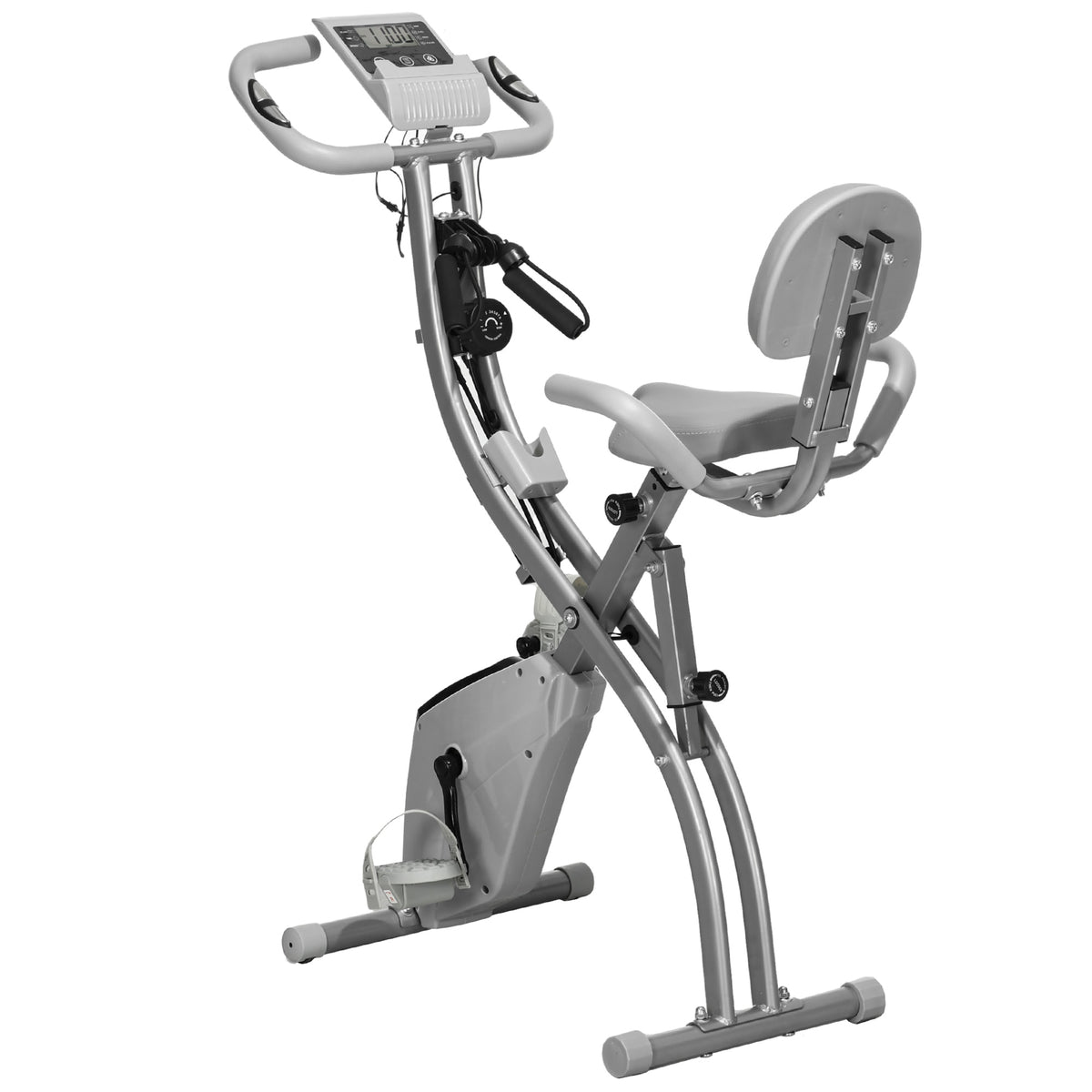 Cyclette Pieghevole 2 in 1, Resistenza Magnetica Regolabile 8 Livelli, Bici da Fitness con Sensore di Frequenza Cardiaca, Elastici per Braccia, Schermo LCD, Volano 2.5kg, Grigio