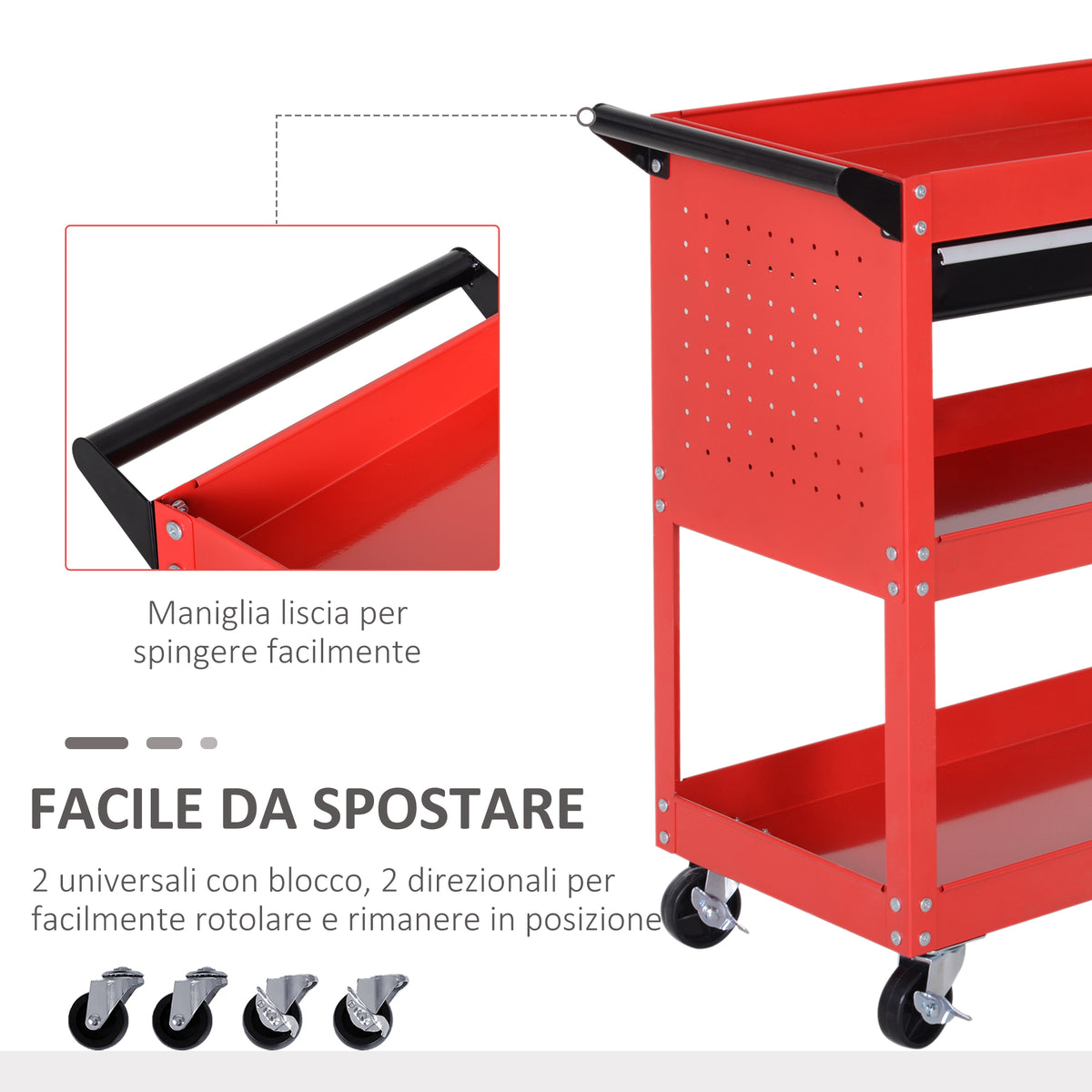 Carrello Porta Attrezzi con Manico, Cassetto e 3 Ripiani, in Lamiera di Acciaio, 82x35x76 cm, Rosso