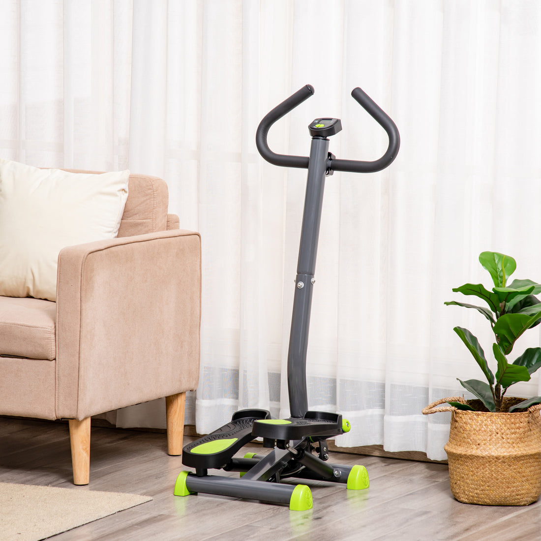 Stepper con Manubrio, Pedali Antiscivolo e Monitor LCD, in Acciaio e ABS, 55x44x108 cm, Nero Grigio e Verde