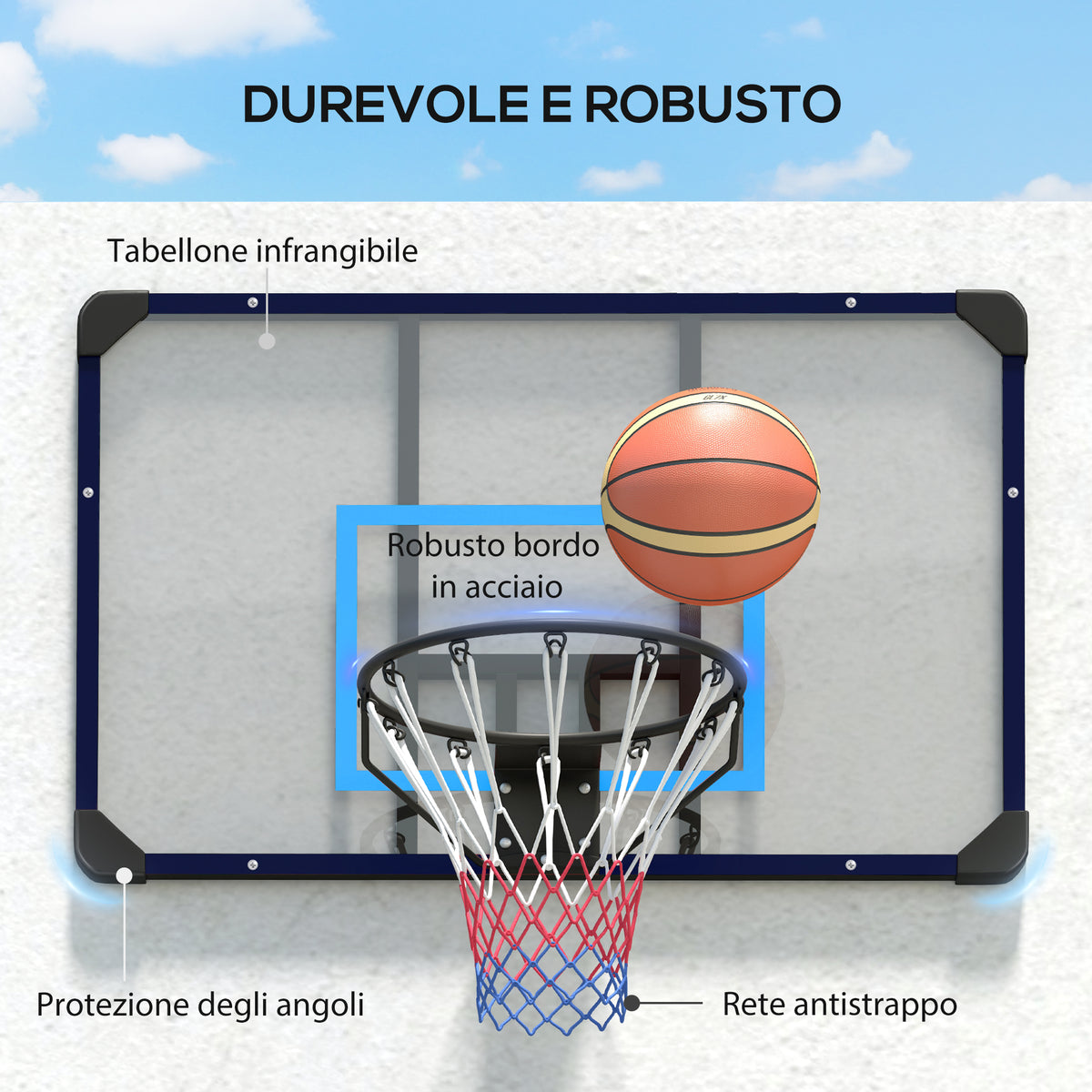 Canestro Basket da Muro con Tabellone Infrangibile e Cerchio in Acciaio, 113x61x73 cm