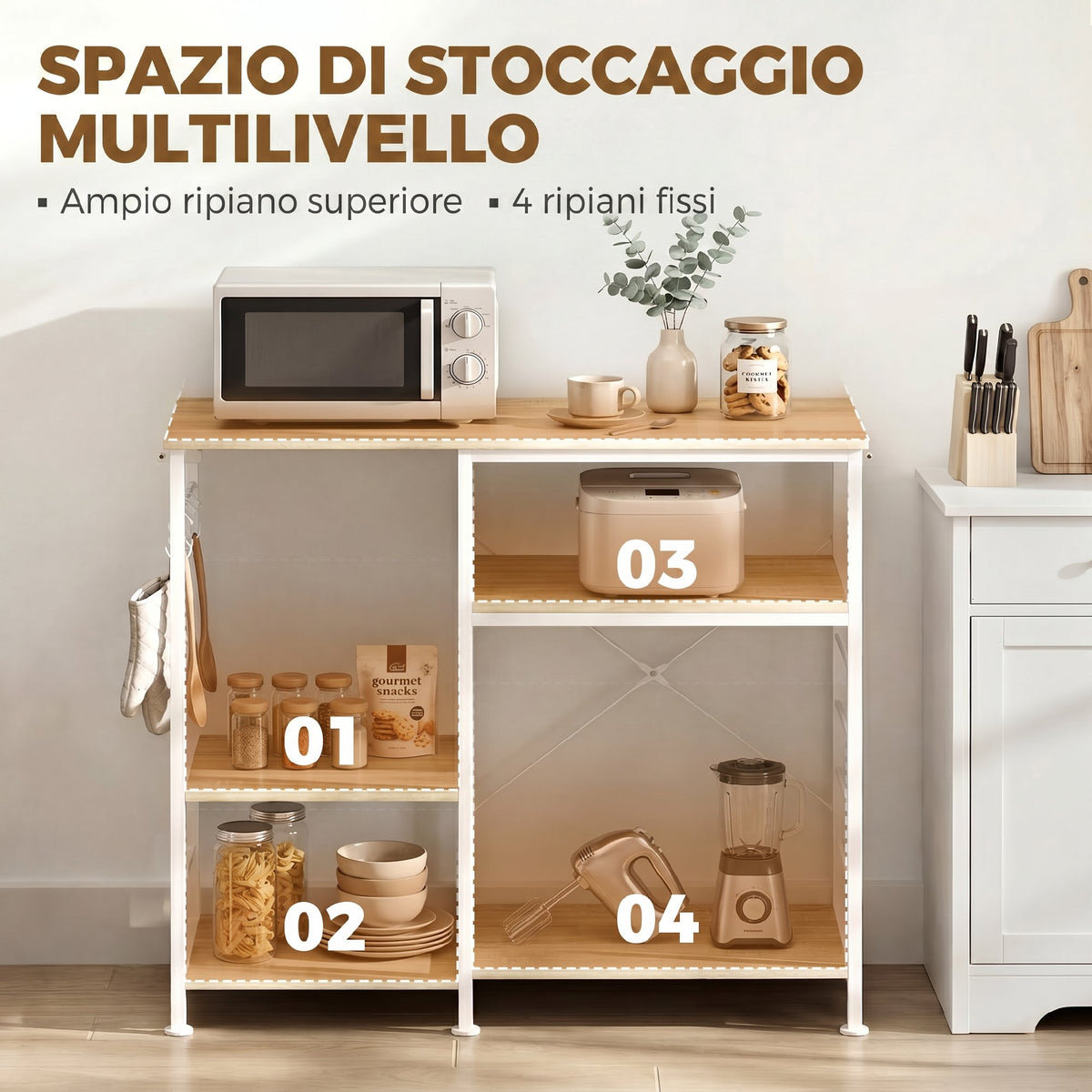 Scaffale Cucina con Ripiani in Legno e Metallo con 5 Ganci, Salvaspazio, 90x39x83.5 cm, Rovere