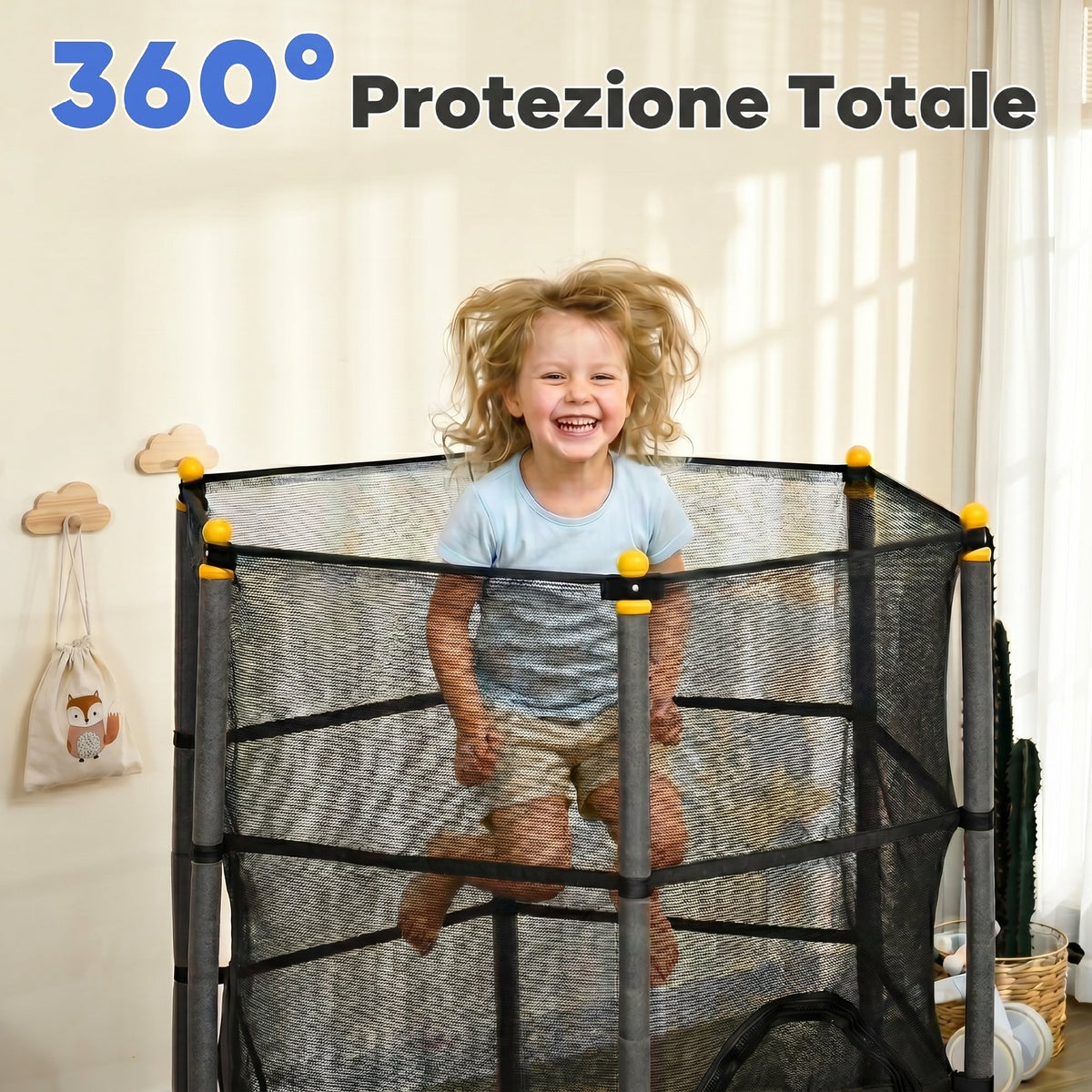 Trampolino Elastico per Bambini 1.6x1.9 m con Rete di Sicurezza e Pali Imbottiti, Età 3-10 Anni, Nero