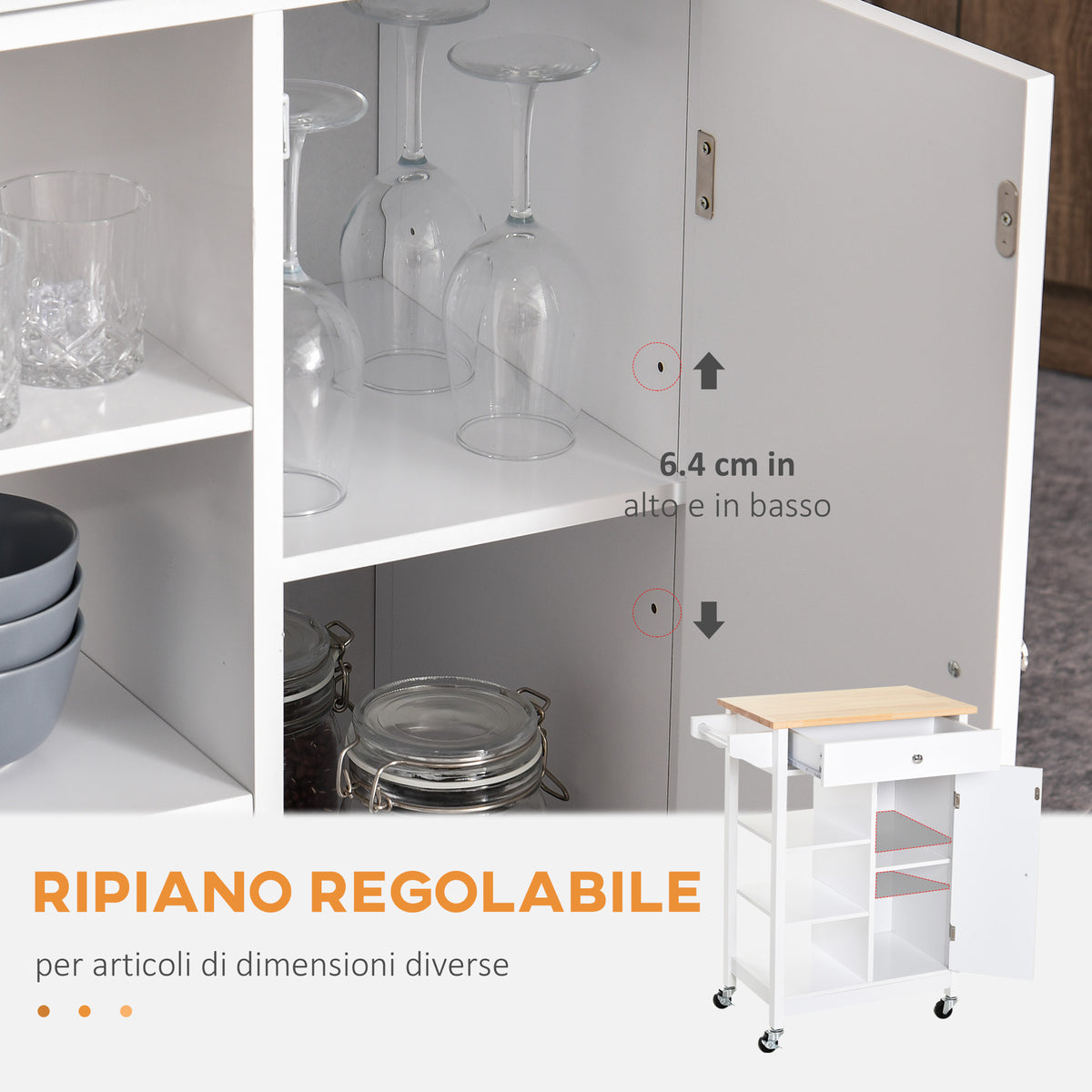Carrello da Cucina Salvaspazio in MDF con Piano di Lavoro in Legno di Gomma, Cassetto, Armadietto, 3 Mensole, Ripiani Regolabili, Porta Strofinacci e Ruote Girevole, 66x39.5x86.5cm, Bianco