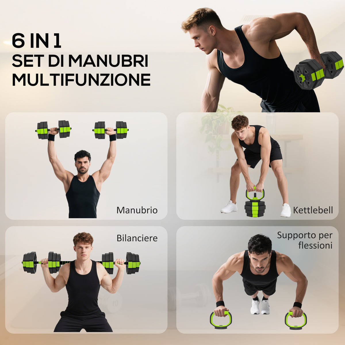 Set Pesi Palestra 6 in 1 Multifunzione da 25kg Totali in Plastica e Sabbia, 125x18x18 cm, Verde