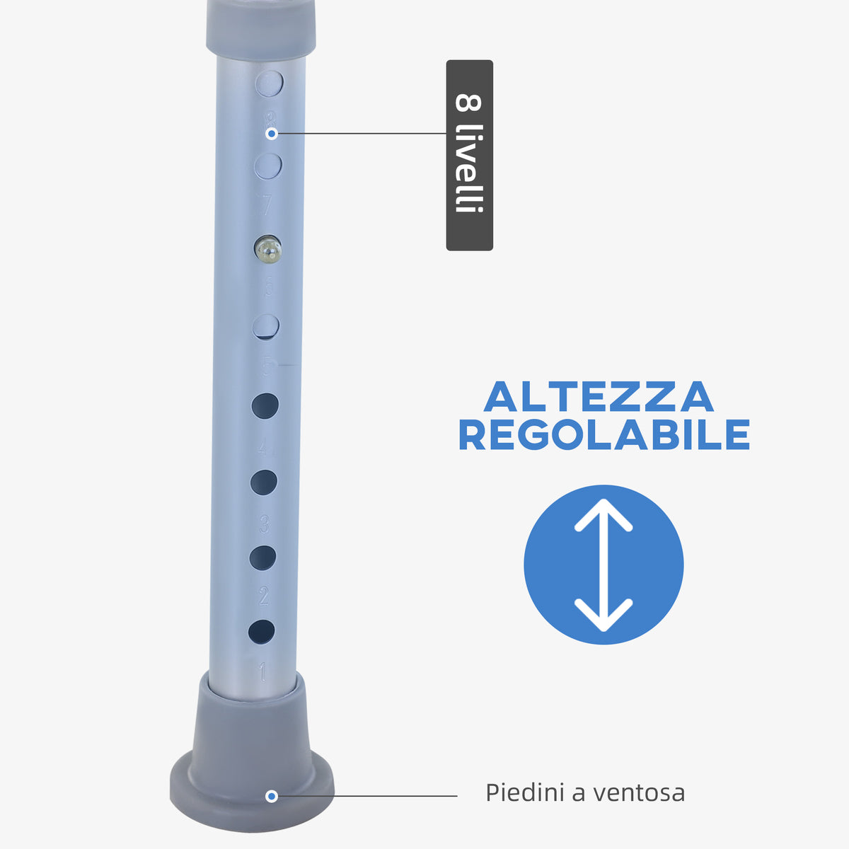 Sedia Doccia Regolabile su 8 Livelli con Fori di Drenaggio, in Alluminio e PE, 48x42x71-83.5 cm, Bianco e Argento