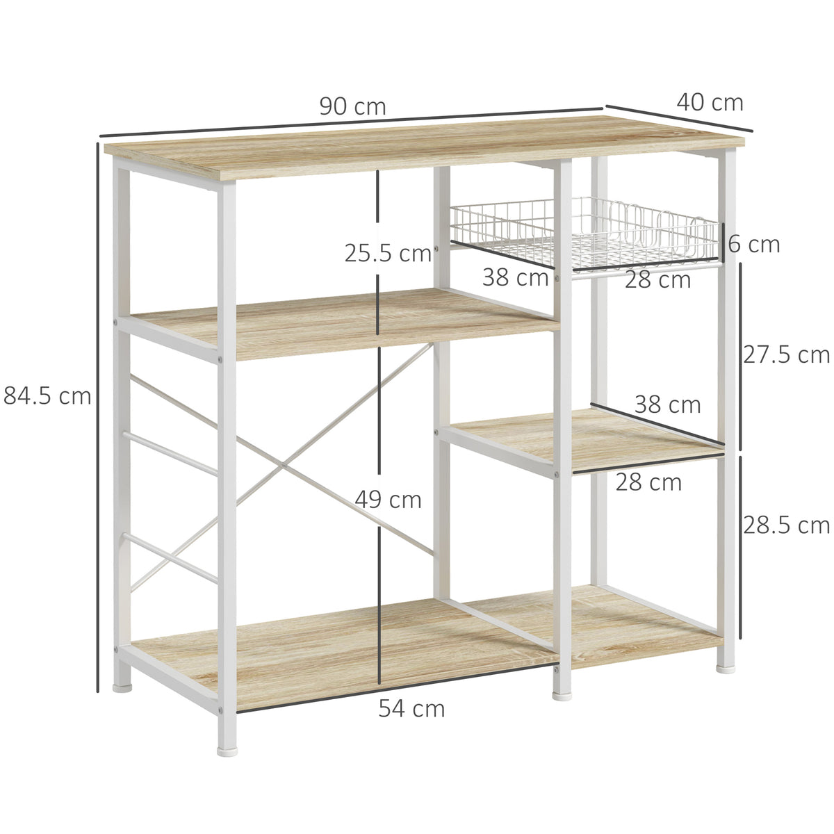 Mobile Cucina Moderno a 4 Ripiani con Cestino e Ganci in Legno e Acciaio, 90x40x84.5cm, Quercia e Bianco