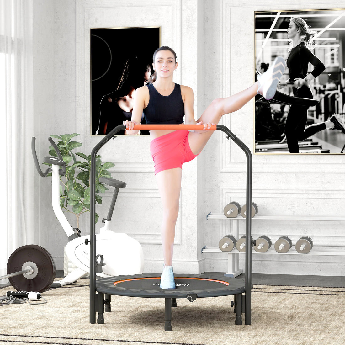Mini Trampolino Fitness 114 cm Pieghevole con Manubrio Regolabile in Altezza, Arancione e Nero