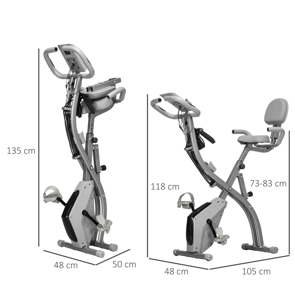 Cyclette Pieghevole 2 in 1, Resistenza Magnetica Regolabile 8 Livelli, Bici da Fitness con Sensore di Frequenza Cardiaca, Elastici per Braccia, Schermo LCD, Volano 2.5kg, Grigio