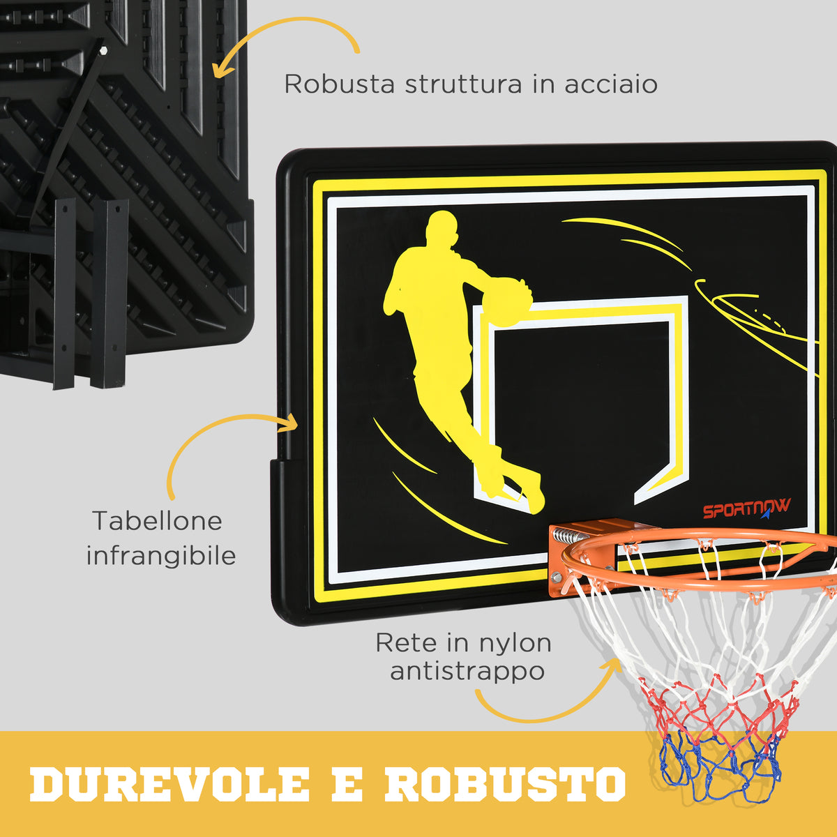 Canestro Basket per Bambini e Adulti da Indoor e Outdoor in Acciaio e PE, 110x90x70 cm, Nero e Giallo