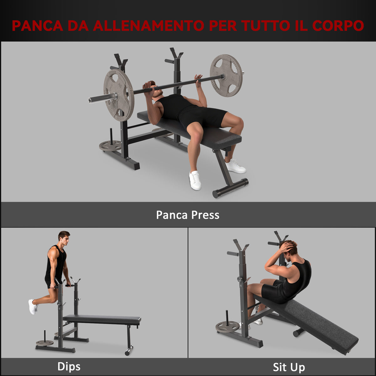 Panca Pesi Pieghevole con 8 Altezze Regolabili e Supporto Bilanciere in Acciaio e PU, 140x73x98-122 cm, Grigio