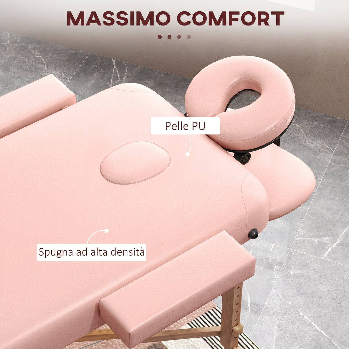Lettino da Massaggio Pieghevole con Altezza Regolabile e Borsa di Trasporto, Struttura in Legno, Rosa