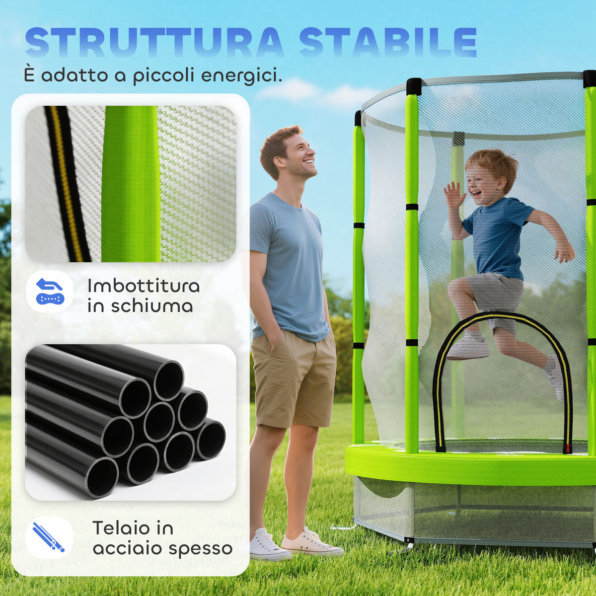 Trampolino Elastico per Bambini 140 cm con Rete di Sicurezza e Disegni, Età 3-6 Anni, Verde