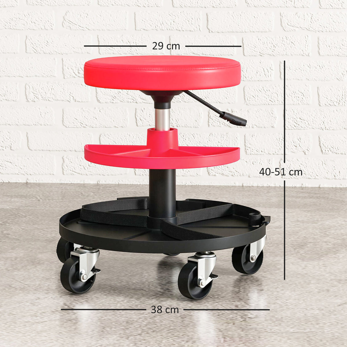 Sgabello da Officina con Ruote da 6 cm, Capacità fino a 135 kg, Altezza Regolabile 40-51 cm, con Vassoi Porta Utensili, Rosso