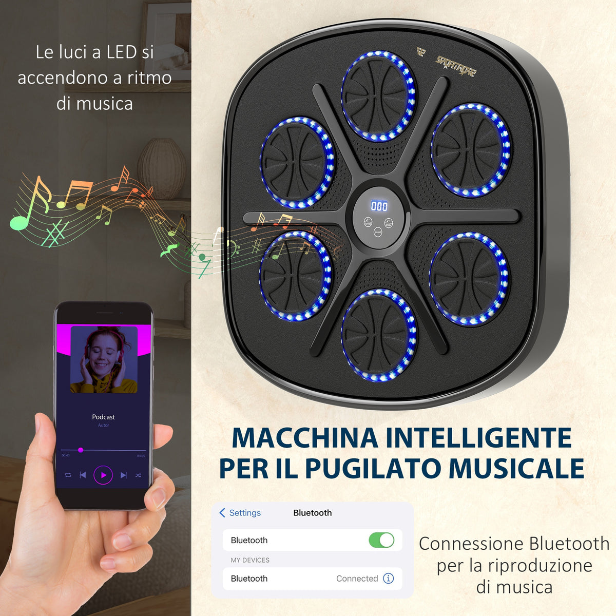 Boxing Machine Musicale a Parete con 9 Velocità, Connessione Bluetooth e Guanti, 41.8x44.6x7.5 cm, Nero e Blu