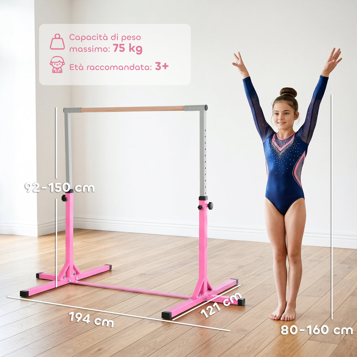 Barra da Ginnastica Artistica per Bambini 3+ Anni con Altezza Regolabile 92-150 cm, in Acciaio e Legno Massello di Faggio, Sbarra Orizzontali Danza Attrezzatura Palestra Antiscivolo, Rosa