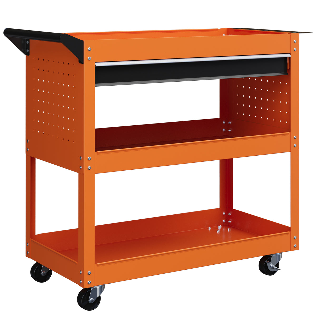 Carrello Porta Attrezzi con Manico Laterale, Cassetto e 3 Ripiani in Acciaio, 82x35x76 cm, Arancione