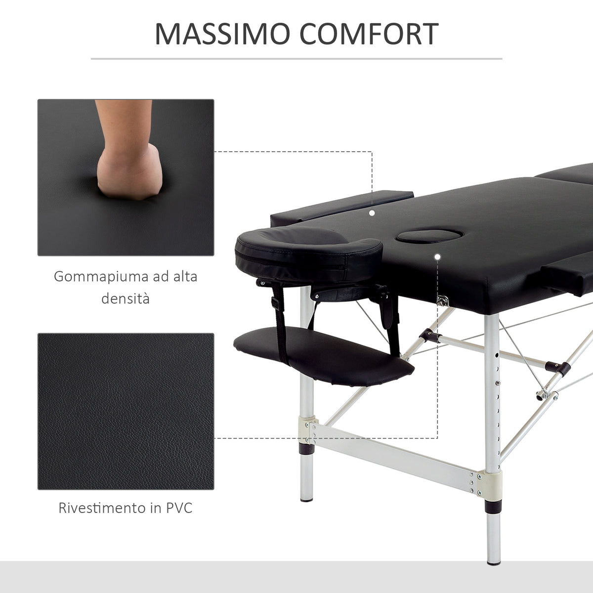Lettino Massaggio Pieghevole Professionale, Lettino per Massaggio con Altezza Regolabile e Borsa di Trasporto per Estetista e Terapista, Nero