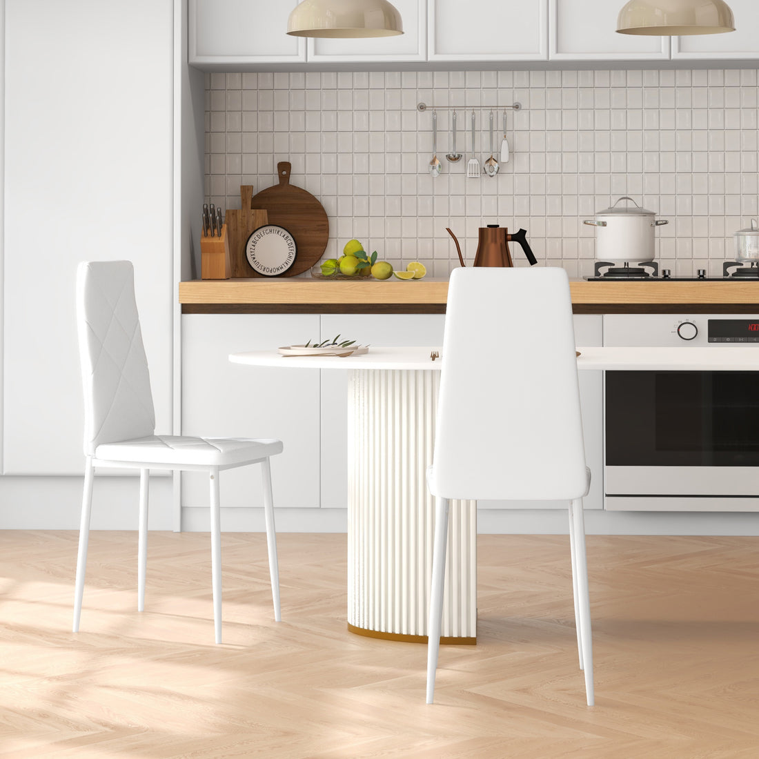 Set di 2 Sedie Moderne imbottite da Pranzo con Schienale Alto, in Pelle e Acciaio,rivestimento a polvere, 41x50x97 cm, Bianco Italy