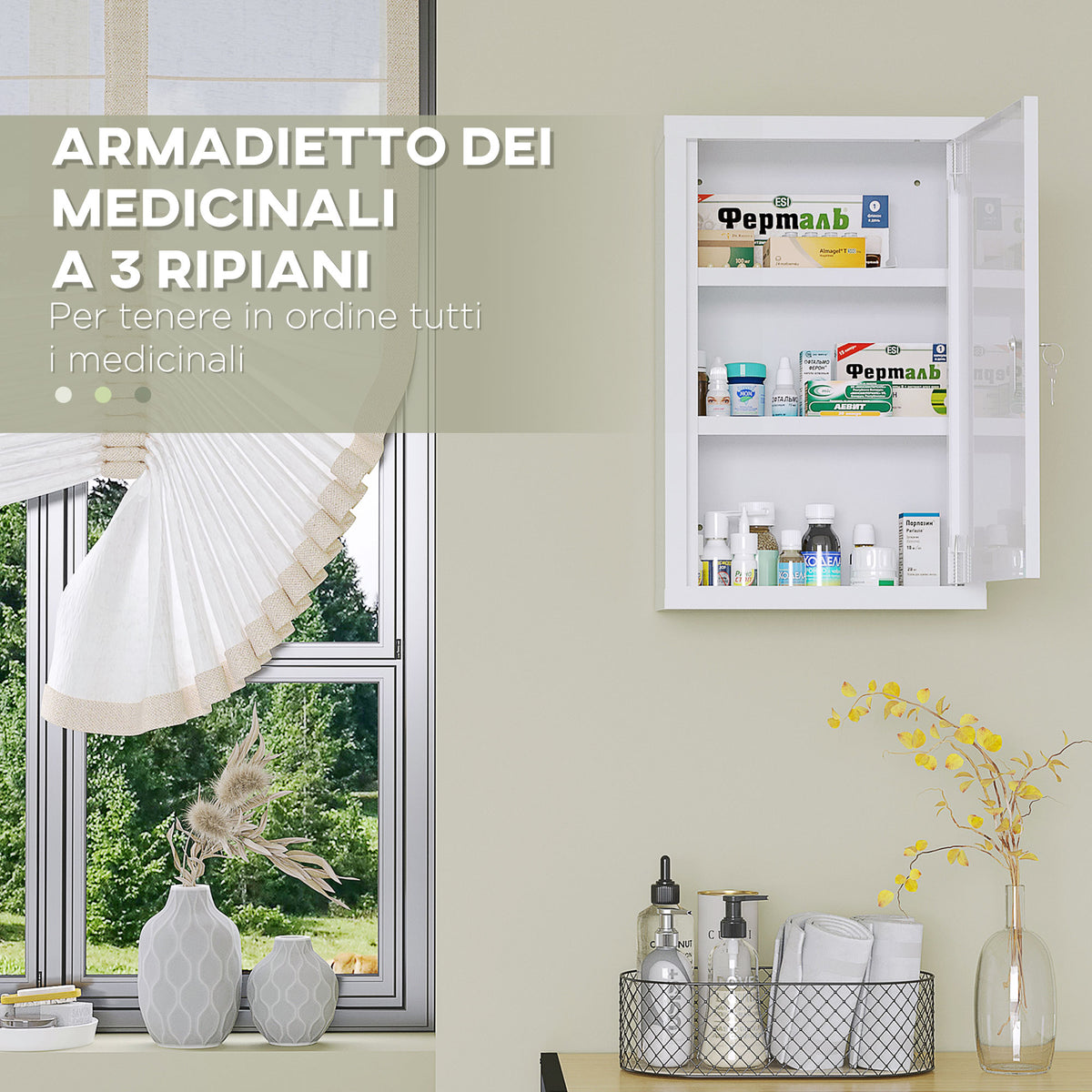 Armadietto Medicinali a 3 Ripiani con Serratura e 2 Chiavi, in Acciaio, 30x14x46 cm, Bianco