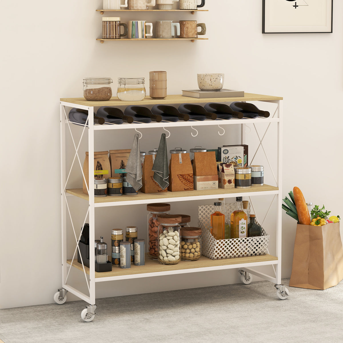 Carrello Portavivande a 4 Livelli con Portabottiglie e 5 Ganci Rimovibili, in Legno e Metallo, 96.5x38x96.7 cm